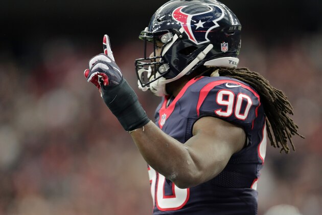 HOUSTON, TX - JANUARY 07:  Jadeveon Clowney #90 of the Houston Texans celebrates after knocking down a pass from Connor Cook #8 of the Oakland Raiders during the first quarter of their AFC Wild Card game at NRG Stadium on January 7, 2017 in Houston, Texas.  (Photo by Tim Warner/Getty Images)