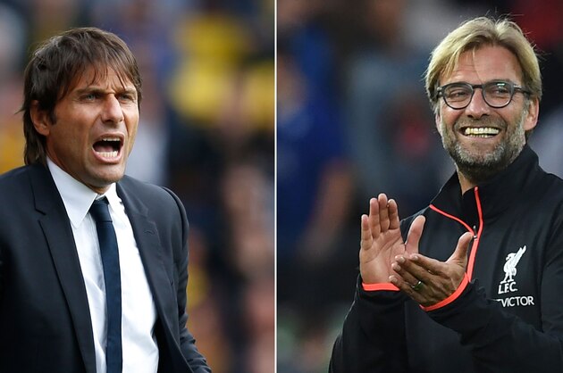 A combo picture shows Chelsea's Italian coach Antonio Conte (L) and Liverpool's German coach Jurgen Klopp. 
Chelsea play Liverpool on September 16, 2016 with two of the Premier league's most vibrant managers meeting for the first time. / AFP / Ian KINGTON        (Photo credit should read IAN KINGTON/AFP/Getty Images)