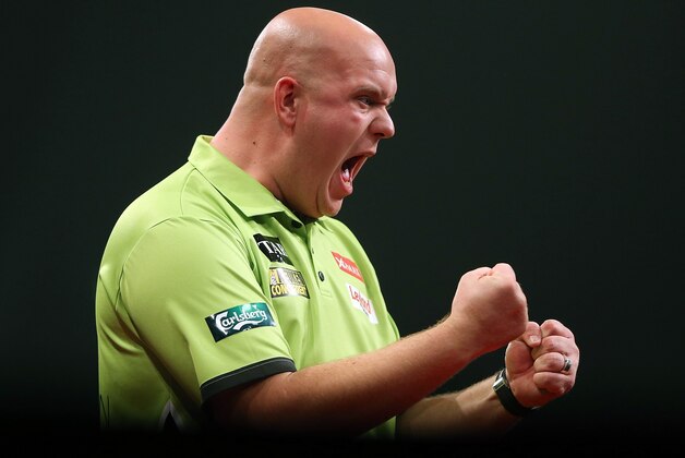 AUCKLAND, NEW ZEALAND - AUGUST 29: Michael Van Gerwen celebrates during the Auckland Darts Masters at The Trusts Arena on August 29, 2015 in Auckland, New Zealand.  (Photo by Michael Bradley/Getty Images)