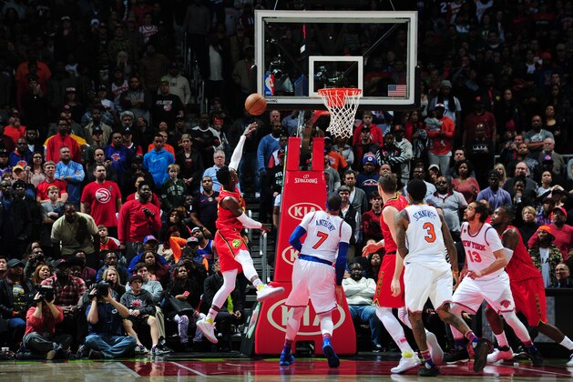 ATLANTA, GA - JANUARY 29: Dennis Schroder #17 of the Atlanta Hawks shoots the ball during a game against the New York Knicks on January 29, 2017 at Philips Arena in Atlanta, Georgia. NOTE TO USER: User expressly acknowledges and agrees that, by downloading and/or using this photograph, user is consenting to the terms and conditions of the Getty Images License Agreement. Mandatory Copyright Notice: Copyright 2017 NBAE (Photo by Scott Cunningham/NBAE via Getty Images) ATLANTA, GA - JANUARY 29: Dennis Schroder #17 of the Atlanta Hawks shoots the ball during a game against the New York Knicks on January 29, 2017 at Philips Arena in Atlanta, Georgia. NOTE TO USER: User expressly acknowledges and agrees that, by downloading and/or using this photograph, user is consenting to the terms and conditions of the Getty Images License Agreement. Mandatory Copyright Notice: Copyright 2017 NBAE (Photo by Scott Cunningham/NBAE via Getty Images)