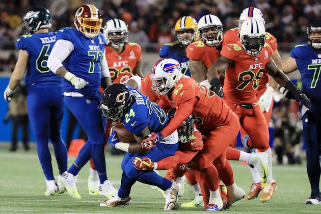 ORLANDO, FL - JANUARY 29:  Jordan Howard #24 of the NFC is tackled in the fist half by the AFC during the NFL Pro Bowl at the Orlando Citrus Bowl on January 29, 2017 in Orlando, Florida.  (Photo by Sam Greenwood/Getty Images)