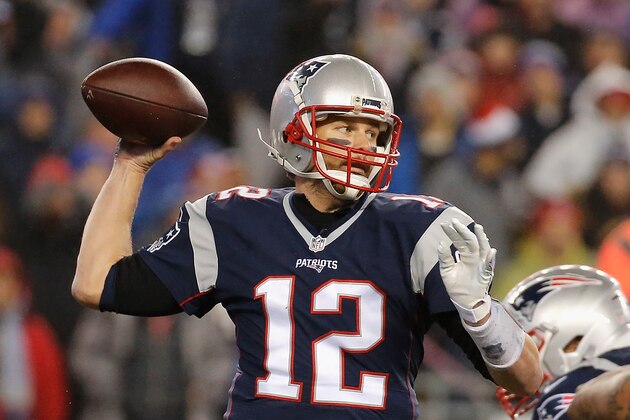 FOXBORO, MA - JANUARY 22:  Tom Brady #12 of the New England Patriots throws a pass against the Pittsburgh Steelers in the AFC Championship Game at Gillette Stadium on January 22, 2017 in Foxboro, Massachusetts.  (Photo by Jim Rogash/Getty Images)