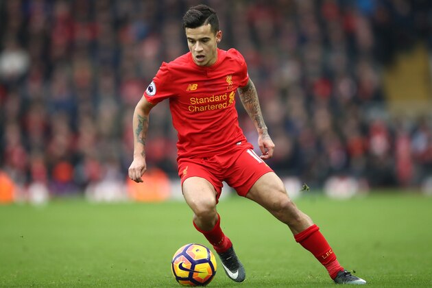 LIVERPOOL, ENGLAND - JANUARY 21: Philippe Coutinho of Liverpool in action during the Premier League match between Liverpool and Swansea City at Anfield on January 21, 2017 in Liverpool, England.  (Photo by Julian Finney/Getty Images)