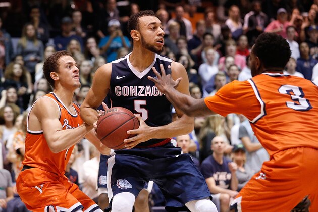 MALIBU, CA - JANUARY 28:  Jeremy Major #3 and Elijah Lee #1 of the Pepperdine Waves double team Nigel Williams-Goss #5 of the Gonzaga Bulldogs during the game against the Gonzaga Bulldogs at Firestone Fieldhouse on January 28, 2017 in Malibu, California.  (Photo by Josh Lefkowitz/Getty Images)