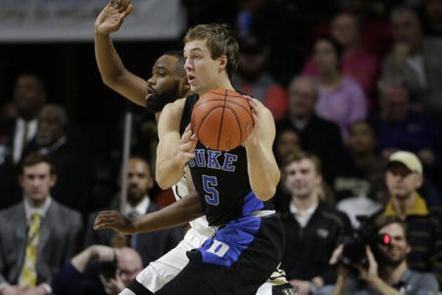 Duke's Luke Kennard (5) looks to pass against Wake Forest in the first half of an NCAA basketball game in Winston-Salem, N.C., Saturday, Jan. 28, 2017. (AP Photo/Chuck Burton)