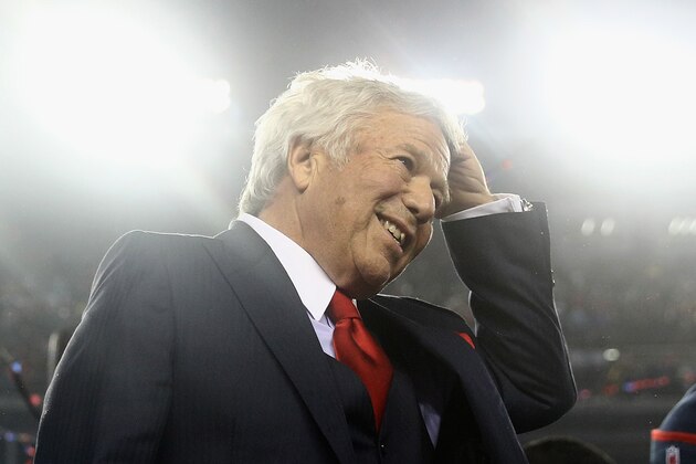 FOXBORO, MA - JANUARY 22: Robert Kraft, owner and CEO of the New England Patriots, reacts after the New England Patriots defeated the Pittsburgh Steelers 36-17 to win the AFC Championship Game at Gillette Stadium on January 22, 2017 in Foxboro, Massachusetts. (Photo by Maddie Meyer/Getty Images) FOXBORO, MA - JANUARY 22: Robert Kraft, owner and CEO of the New England Patriots, reacts after the New England Patriots defeated the Pittsburgh Steelers 36-17 to win the AFC Championship Game at Gillette Stadium on January 22, 2017 in Foxboro, Massachusetts. (Photo by Maddie Meyer/Getty Images)