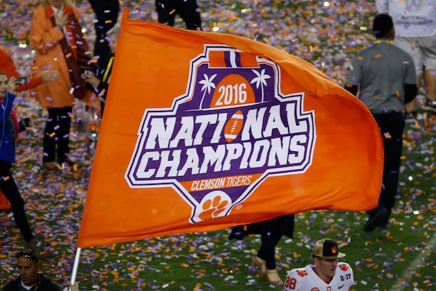 TAMPA, FL - JANUARY 09:  A Clemson Tigers National Championship flag is seen after the Clemson Tigers defeated the Alabama Crimson Tide 35-31 to win the 2017 College Football Playoff National Championship Game at Raymond James Stadium on January 9, 2017 in Tampa, Florida.  (Photo by Brian Blanco/Getty Images)