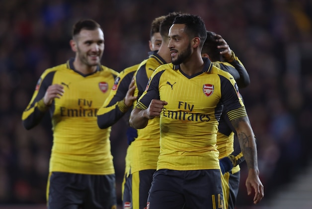 SOUTHAMPTON, ENGLAND - JANUARY 28:  Theo Walcott of Arsenal celebrates with team mates after scoring his sides fourth goal during the Emirates FA Cup Fourth Round match between Southampton and Arsenal at St Mary's Stadium on January 28, 2017 in Southampton, England.  (Photo by Bryn Lennon/Getty Images)