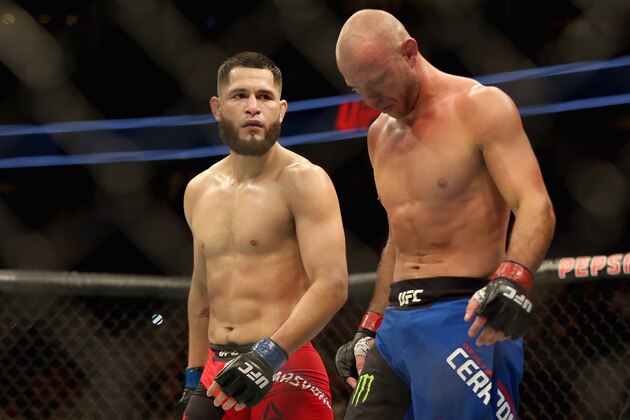 DENVER, CO - JANUARY 28: Jorge Masvidal (red trunks) defeats Donald Cerrone (blue trunks) in the Welterweight division during the UFC Fight Night at the Pepsi Center on January 28, 2017 in Denver, Colorado.  (Photo by Matthew Stockman/Getty Images)