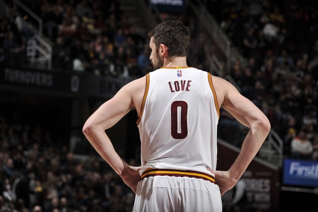 CLEVELAND, OH - JANUARY 27: Kevin Love #0 of the Cleveland Cavaliers is seen against the Brooklyn Nets on January 27, 2017 at Quicken Loans Arena in Cleveland, Ohio.  NOTE TO USER: User expressly acknowledges and agrees that, by downloading and or using this Photograph, user is consenting to the terms and conditions of the Getty Images License Agreement. Mandatory Copyright Notice: Copyright 2017 NBAE (Photo by David Liam Kyle/NBAE via Getty Images)