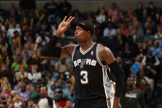 MEMPHIS, TN - APRIL 1: Stephen Jackson #3 of the San Antonio Spurs celebrates a three point basket during the game against the Memphis Grizzlies on April 1, 2013 at FedExForum in Memphis, Tennessee. NOTE TO USER: User expressly acknowledges and agrees that, by downloading and or using this photograph, User is consenting to the terms and conditions of the Getty Images License Agreement. Mandatory Copyright Notice: Copyright 2013 NBAE (Photo by Joe Murphy/NBAE via Getty Images)