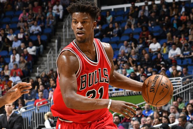 ORLANDO, FL - JANUARY 24: Jimmy Butler #21 of the Chicago Bulls handles the ball during the game against the Orlando Magic on January 24, 2017 at Amway Center in Orlando, Florida Or. NOTE TO USER: User expressly acknowledges and agrees that, by downloading and or using this Photograph, user is consenting to the terms and conditions of the Getty Images License Agreement. Mandatory Copyright Notice: Copyright 2017 NBAE (Photo by Fernando Medina/NBAE via Getty Images)