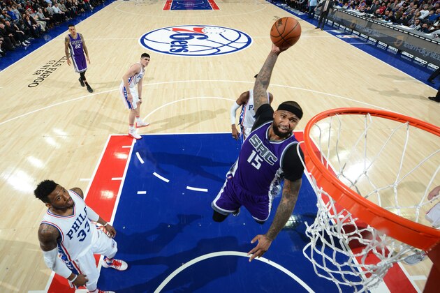 PHILADELPHIA,PA - JANUARY 30 : DeMarcus Cousins #15 of the Sacramento Kings dunks the ball against the Philadelphia 76ers  at Wells Fargo Center on January 30, 2017 in Philadelphia, Pennsylvania NOTE TO USER: User expressly acknowledges and agrees that, by downloading and/or using this Photograph, user is consenting to the terms and conditions of the Getty Images License Agreement. Mandatory Copyright Notice: Copyright 2016 NBAE (Photo by Jesse D. Garrabrant/NBAE via Getty Images)