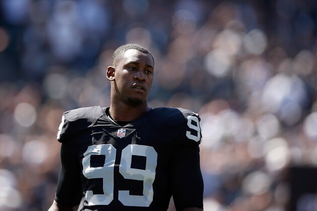 OAKLAND, CA - SEPTEMBER 20:  Aldon Smith #99 of the Oakland Raiders stands on the field before their game against the Baltimore Ravens at O.co Coliseum on September 20, 2015 in Oakland, California.  (Photo by Ezra Shaw/Getty Images)