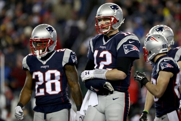 FOXBORO, MA - JANUARY 22:  Tom Brady #12 of the New England Patriots reacts during the first half against the Pittsburgh Steelers in the AFC Championship Game at Gillette Stadium on January 22, 2017 in Foxboro, Massachusetts.  (Photo by Elsa/Getty Images)
