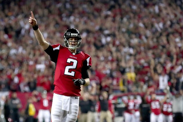 ATLANTA, GA - JANUARY 22: Matt Ryan #2 of the Atlanta Falcons reacts after a touchdown in the fourth quarter against the Green Bay Packers in the NFC Championship Game at the Georgia Dome on January 22, 2017 in Atlanta, Georgia. (Photo by Tom Pennington/Getty Images) ATLANTA, GA - JANUARY 22: Matt Ryan #2 of the Atlanta Falcons reacts after a touchdown in the fourth quarter against the Green Bay Packers in the NFC Championship Game at the Georgia Dome on January 22, 2017 in Atlanta, Georgia. (Photo by Tom Pennington/Getty Images)