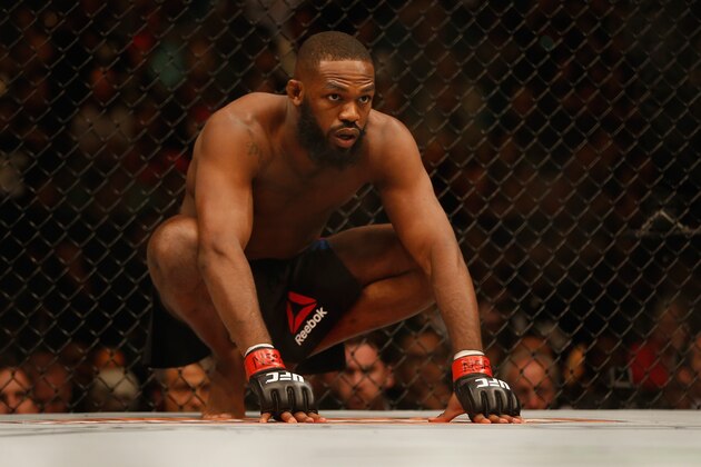 LAS VEGAS, NV - APRIL 23:  Jon Jones enters the Octagon before facing Ovince Saint Preux in their interim UFC light heavyweight championship bout during the UFC 197 event inside MGM Grand Garden Arena on April 23, 2016 in Las Vegas, Nevada.  (Photo by Christian Petersen/Zuffa LLC/Zuffa LLC via Getty Images)
