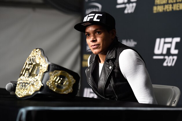 LAS VEGAS, NV - DECEMBER 30:  UFC women's bantamweight champion Amanda Nunes speaks to the media after the UFC 207 event inside T-Mobile Arena on December 30, 2016 in Las Vegas, Nevada. (Photo by Brandon Magnus/Zuffa LLC/Zuffa LLC via Getty Images)