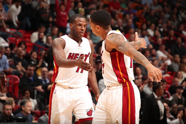 MIAMI, FL - JANUARY 30: Dion Waiters #11 and Rodney McGruder #17 of the Miami Heat react during the game against the Brooklyn Nets on January 30, 2017 at American Airlines Arena in Miami, Florida. NOTE TO USER: User expressly acknowledges and agrees that, by downloading and or using this Photograph, user is consenting to the terms and conditions of the Getty Images License Agreement. Mandatory Copyright Notice: Copyright 2017 NBAE (Photo by Issac Baldizon/NBAE via Getty Images)