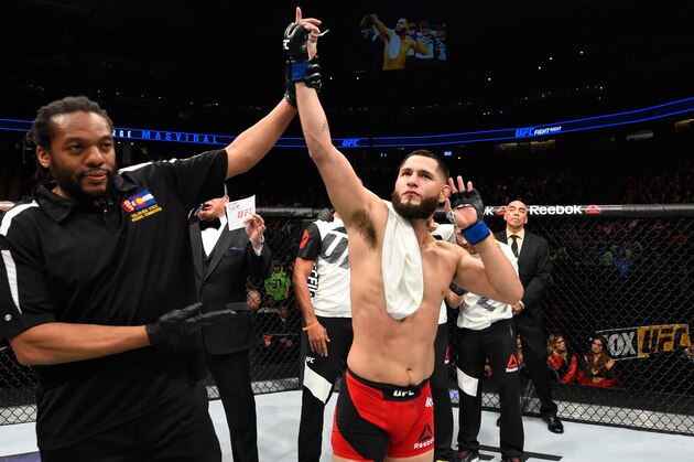 DENVER, CO - JANUARY 28:  Jorge Masvidal celebrates his victory over Donald Cerronein their welterweight bout during the UFC Fight Night event at the Pepsi Center on January 28, 2017 in Denver, Colorado. (Photo by Josh Hedges/Zuffa LLC/Zuffa LLC via Getty Images)