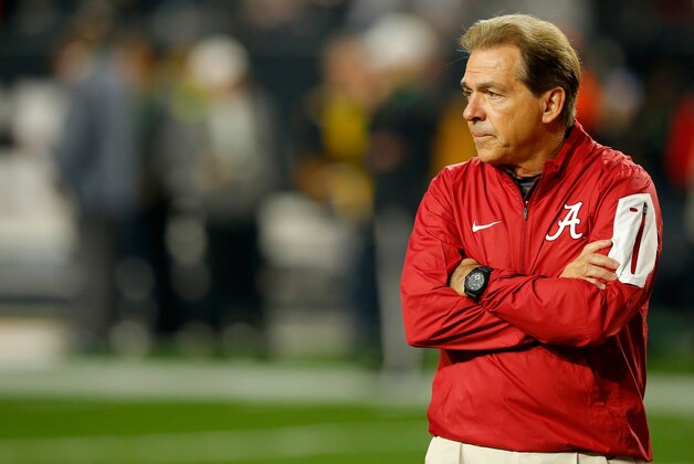 GLENDALE, AZ - JANUARY 11:  Head coach Nick Saban of the Alabama Crimson Tide looks on prior to the 2016 College Football Playoff National Championship Game against the Clemson Tigers at University of Phoenix Stadium on January 11, 2016 in Glendale, Arizona.  (Photo by Kevin C. Cox/Getty Images)