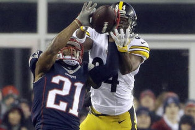 New England Patriots cornerback Malcolm Butler (21) breaks up a pass intended for Pittsburgh Steelers wide receiver Antonio Brown (84) during the first half of the AFC championship NFL football game, Sunday, Jan. 22, 2017, in Foxborough, Mass. (AP Photo/Elise Amendola)