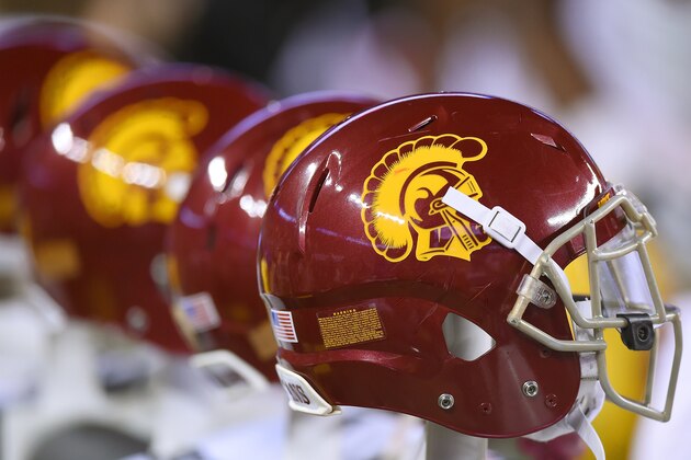 SANTA CLARA, CA - DECEMBER 05:  A detailed view of USC Trojans football helmets sitting on the bench against the Stanford Cardinal during the third quarter of the NCAA Pac-12 Championship game at Levi's Stadium on December 5, 2015 in Santa Clara, California.  (Photo by Thearon W. Henderson/Getty Images)