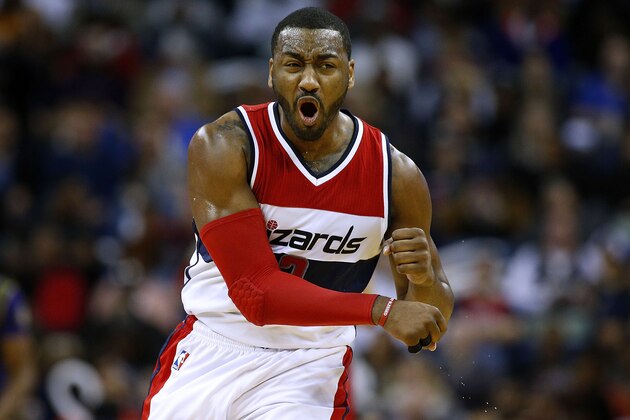 NEW ORLEANS, LA - JANUARY 29: John Wall #2 of the Washington Wizards reacts after scoring during the first half of a game against the New Orleans Pelicans at the Smoothie King Center on January 29, 2017 in New Orleans, Louisiana. NOTE TO USER: User expressly acknowledges and agrees that, by downloading and or using this photograph, User is consenting to the terms and conditions of the Getty Images License Agreement.  (Photo by Jonathan Bachman/Getty Images)