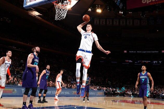 NEW YORK, NY - JANUARY 27: Kristaps Porzingis #6 of the New York Knicks goes for the dunk during the game against the Charlotte Hornets on January 27, 2017 at Madison Square Garden in New York City, New York.  NOTE TO USER: User expressly acknowledges and agrees that, by downloading and or using this photograph, User is consenting to the terms and conditions of the Getty Images License Agreement. Mandatory Copyright Notice: Copyright 2017 NBAE (Photo by Nathaniel S. Butler/NBAE via Getty Images)