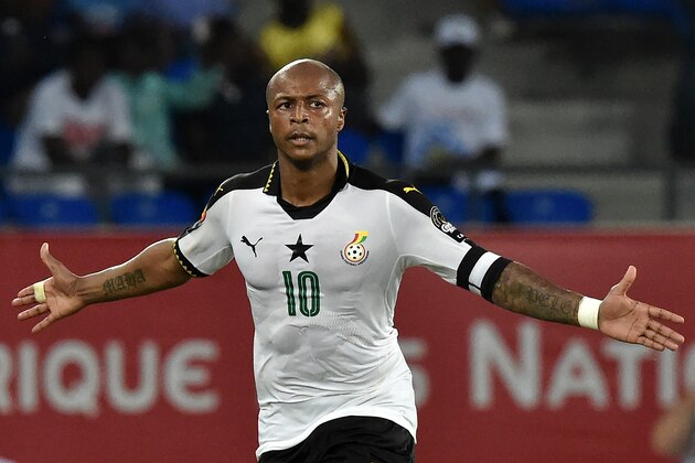 Ghana's forward Andre Ayew celebrates after scoring his team's second goal during the 2017 Africa Cup of Nations quarter-final football match between DR Congo and Ghana in Oyem on January 29, 2017. / AFP / ISSOUF SANOGO        (Photo credit should read ISSOUF SANOGO/AFP/Getty Images)