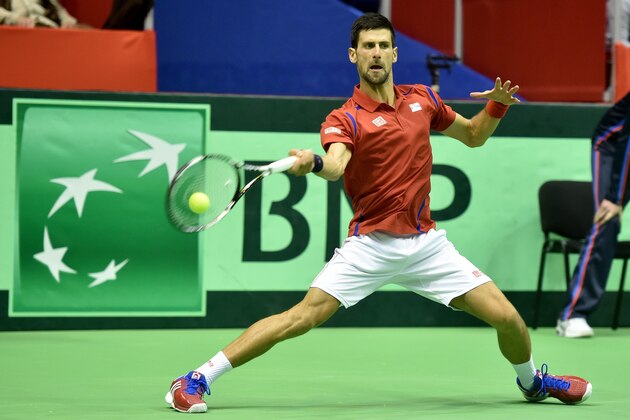 Serbia's Novak Djokovic hits a return to Kazakhstan's Mikhail Kukushkin during a Davis Cup World Group first round single match between Serbia and Kazakhstan at 'Aleksandar Nikolic' hall in Belgrade, on March 6, 2016.   / AFP / ANDREJ ISAKOVIC        (Photo credit should read ANDREJ ISAKOVIC/AFP/Getty Images)