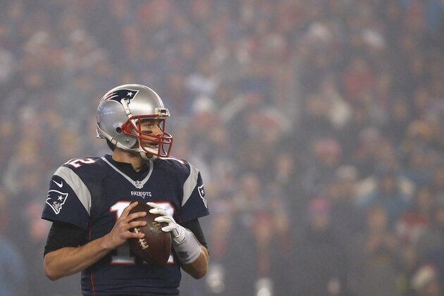 FOXBORO, MA - JANUARY 22:  Tom Brady #12 of the New England Patriots looks to pass the ball against the Pittsburgh Steelers in the AFC Championship Game at Gillette Stadium on January 22, 2017 in Foxboro, Massachusetts.  (Photo by Jim Rogash/Getty Images)