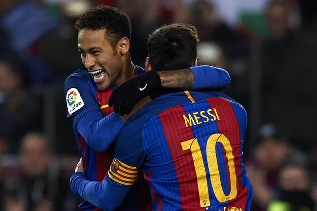 BARCELONA, SPAIN - JANUARY 26:  Lionel Messi of Barcelona celebrates scoring his team's second goal with his teammate Neymar JR during the Copa del Rey quarter-final second leg match between FC Barcelona and Real Sociedad at Camp Nou on January 26, 2017 in Barcelona, Spain.  (Photo by Manuel Queimadelos Alonso/Getty Images)