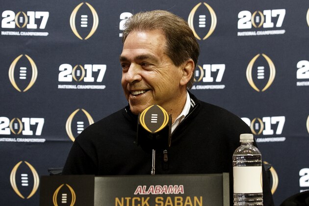 TAMPA, FL - JANUARY 7: Head Coach Nick Saban of the Alabama Crimson Tide addresses the media during Media Day before the College Football Playoff National Championship Game at Amalie Arena on January 7, 2017 in Tampa, Florida. (Photo by Don Juan Moore/Getty Images)
