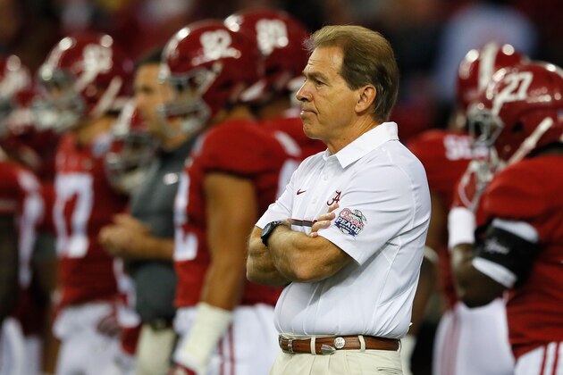ATLANTA, GA - DECEMBER 31:  Head coach Nick Saban of the Alabama Crimson Tide looks on during warm ups prior to the 2016 Chick-fil-A Peach Bowl against the Washington Huskies at the Georgia Dome on December 31, 2016 in Atlanta, Georgia.  (Photo by Kevin C. Cox/Getty Images)