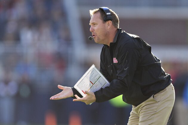 OXFORD, MS - NOVEMBER 26:  Head Coach Hugh Freeze of the Mississippi Rebels yells to officials during a game against the Mississippi State Bulldogs at Vaught-Hemingway Stadium on November 26, 2016 in Oxford, Mississippi.  The Bulldogs defeated the Rebels 55-20.  (Photo by Wesley Hitt/Getty Images)