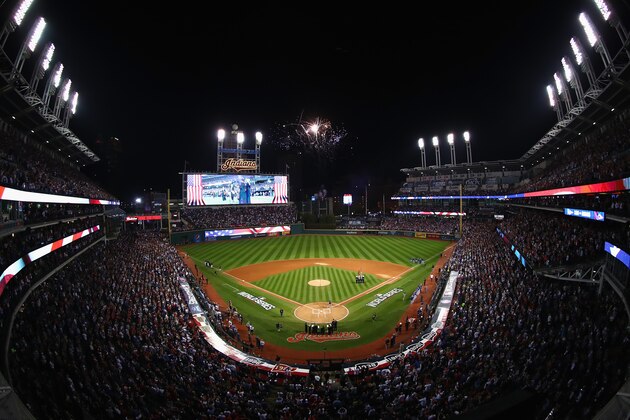 CLEVELAND, OH - NOVEMBER 02:  A general view as the Cleveland Indians and Chicago Cubs stand for the national anthem prior to Game Seven of the 2016 World Series at Progressive Field on November 2, 2016 in Cleveland, Ohio.  (Photo by Tim Bradbury/Getty Images)