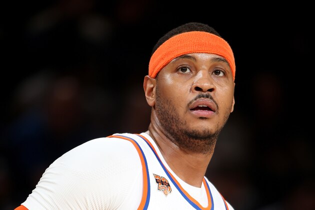 NEW YORK, NY - JANUARY 27: Carmelo Anthony #7 of the New York Knicks looks on during the game against the Charlotte Hornets on January 27, 2017 at Madison Square Garden in New York City, New York.  NOTE TO USER: User expressly acknowledges and agrees that, by downloading and or using this photograph, User is consenting to the terms and conditions of the Getty Images License Agreement. Mandatory Copyright Notice: Copyright 2017 NBAE (Photo by Nathaniel S. Butler/NBAE via Getty Images)