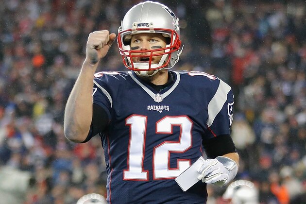 FOXBORO, MA - JANUARY 22:  Tom Brady #12 of the New England Patriots reacts during the second half against the Pittsburgh Steelers in the AFC Championship Game at Gillette Stadium on January 22, 2017 in Foxboro, Massachusetts.  (Photo by Jim Rogash/Getty Images)