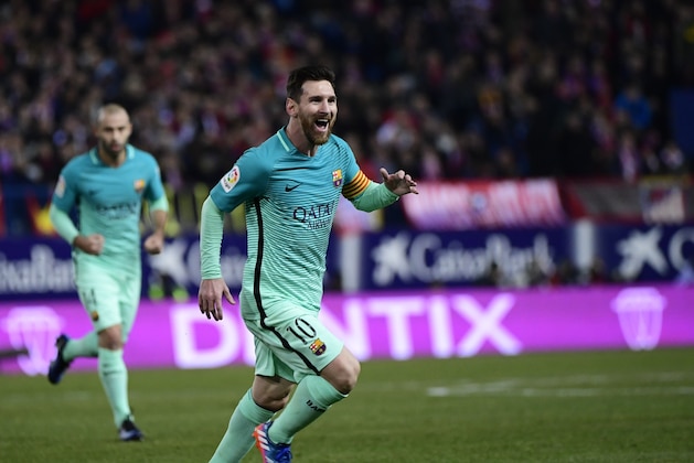 Barcelona's Argentinian forward Lionel Messi celebrates a goal during the Spanish Copa del Rey (King's Cup) semi final first leg football match Club Atletico de Madrid vs FC Barcelona at the Vicente Calderon stadium in Madrid on February 1, 2017. / AFP / PIERRE-PHILIPPE MARCOU        (Photo credit should read PIERRE-PHILIPPE MARCOU/AFP/Getty Images)
