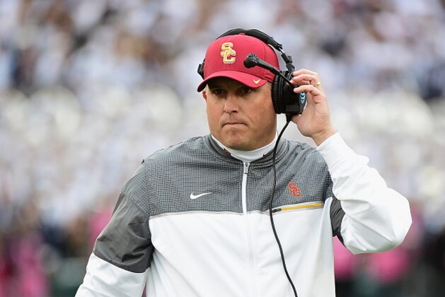 PASADENA, CA - JANUARY 02:  USC Trojans head coach Clay Helton reacts during the 2017 Rose Bowl Game presented by Northwestern Mutual against the Penn State Nittany Lions at the Rose Bowl on January 2, 2017 in Pasadena, California.  (Photo by Harry How/Getty Images)