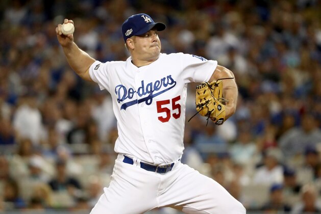 LOS ANGELES, CA - OCTOBER 20: Joe Blanton #55 of the Los Angeles Dodgers pitches in the sixth inning against the Chicago Cubs in game five of the National League Division Series at Dodger Stadium on October 20, 2016 in Los Angeles, California.  (Photo by Sean M. Haffey/Getty Images)