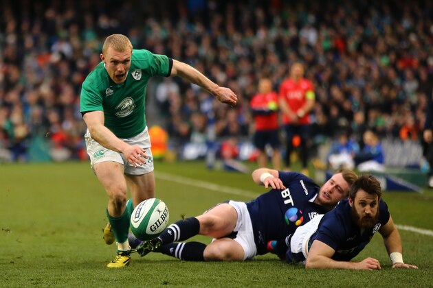 DUBLIN, IRELAND - MARCH 19:  A mix up between Stuart Hogg and Tommy Seymour of Scotland gifts a try to Keith Earls of Ireland during the RBS Six Nations match between Ireland and Scotland at the Aviva Stadium on March 19, 2016 in Dublin, Ireland.  (Photo by Richard Heathcote/Getty Images)