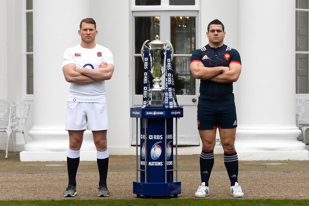 LONDON, ENGLAND - JANUARY 25:  Dylan Hartley, Captain of England (L) and Guilhem Guirado, Captain of France (R) pose with The Six Nations trophy during the 2017 RBS Six Nations launch at The Hurlingham Club on January 25, 2017 in London, England.  (Photo by Stu Forster/Getty Images)