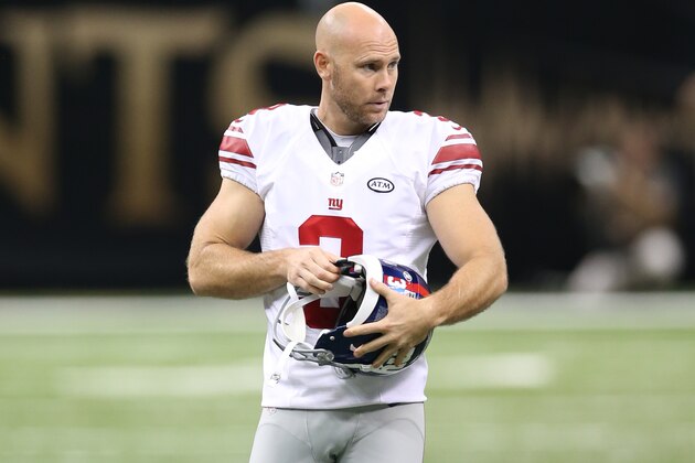 NEW ORLEANS, LA - NOVEMBER 1: Josh Brown #3 of the New York Giants looks on during the game against the New Orleans Saints at the Mercedes-Benz Superdome on November 1, 2015 in New Orleans, Louisiana. The Saints defeated the Giants 52-49. (Photo by Rob Leiter via Getty Images)