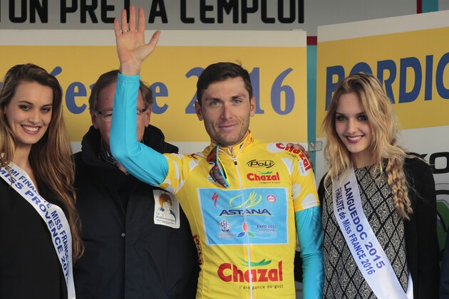 Winner, Ukrainian cyclist Andriy Grivko of Astana team celebrates on the podium following the first edition of The Mediterranean cyclist (La Méditerranéenne cycliste) in the fourth and last stage (95.7 km), on February 14, 2016, in the Italian city of Bordighera.  / AFP / JEAN CHRISTOPHE MAGNENET        (Photo credit should read JEAN CHRISTOPHE MAGNENET/AFP/Getty Images)