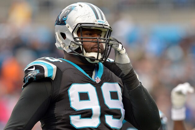 CHARLOTTE, NC - DECEMBER 11:  Kawann Short #99 of the Carolina Panthers looks on after a play against the San Diego Chargers in the first quarter during the game at Bank of America Stadium on December 11, 2016 in Charlotte, North Carolina.  (Photo by Grant Halverson/Getty Images)