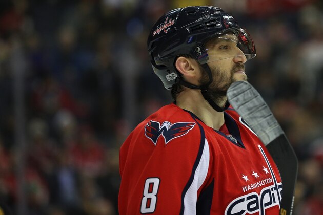 WASHINGTON, DC - FEBRUARY 01: Alex Ovechkin #8 of the Washington Capitals looks on against the Boston Bruins during the second period at Verizon Center on February 1, 2017 in Washington, DC. (Photo by Patrick Smith/Getty Images)