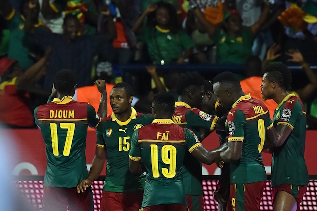 Cameroon's players celebrate after scoring a goal during the 2017 Africa Cup of Nations semi-final football match between Cameroon and Ghana in Franceville on February 2, 2017. / AFP / ISSOUF SANOGO        (Photo credit should read ISSOUF SANOGO/AFP/Getty Images)