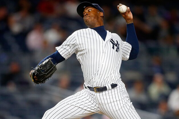 NEW YORK, NY - JUNE 09:  Aroldis Chapman #54 of the New York Yankees pitches in the ninth inning against the Los Angeles Angels of Anaheim at Yankee Stadium on June 9, 2016 in the Bronx borough of New York City.  (Photo by Jim McIsaac/Getty Images)